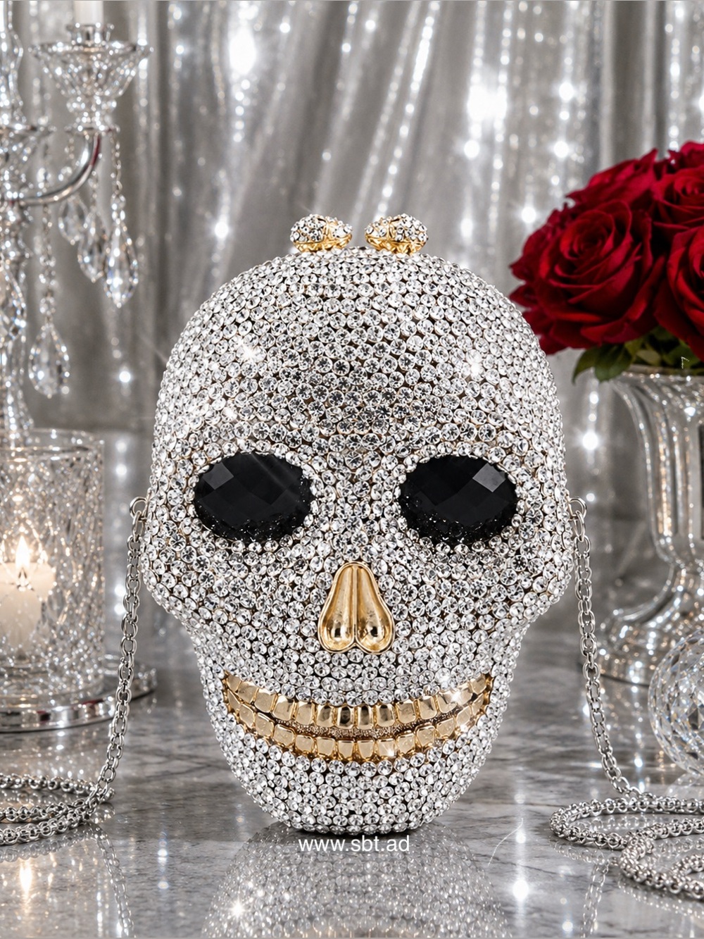 NWT Skull Clutch Purse Sparkling Bling Crystal Rhinestone Bag Silver Gold +Gift